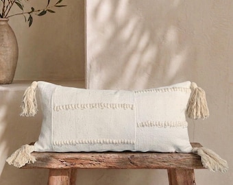 African Mudcloth Pillow Cover, Embroidered Wool, Boho Lumbar (12x24")