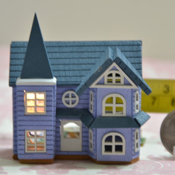 Miniature Dollhouse Handmade Little Wood Blue House w/ Light Décor