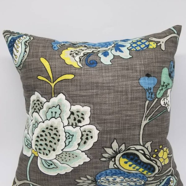 Decorative Throw Pillow Covers, Accent Pillow Covers, Richloom Leopold Aquamarine Jacobean Large Floral Print, Charcoal Grey, Blue & Green