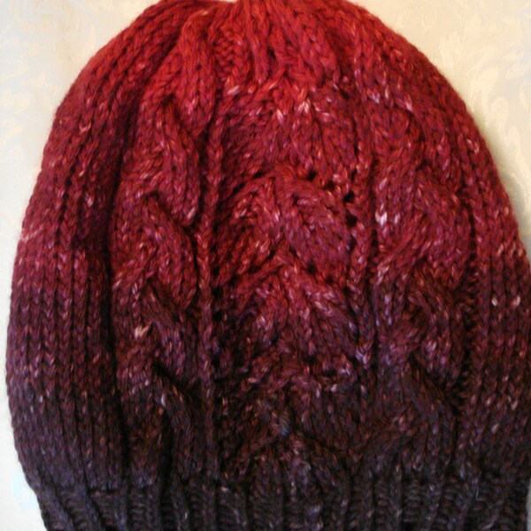 Hand Knit Hat/Tam/Slouch/"Bryce's Cable and Lace Band Slouch", Dark Brown to Bright Red Gradient, Superwash merino wool