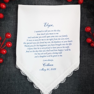 Soon to be Daughter In Law Gift, Wedding Printed Handkerchief- Gift from Mother In Law-Personalized Wedding Favor, Purple,Blue,MM1083