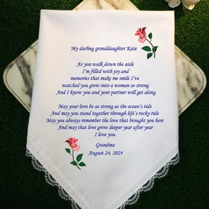 Presente para minha neta no dia do casamento, presente da avó, motivo floral azul e rosas, impressão personalizada, lenço de poema de casamento, 1207