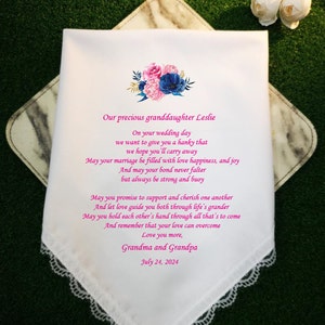 Presente para nossa neta no dia do casamento, presente dos avós, motivo floral rosa e azul, impressão personalizada, lenço de poema de casamento, 1208