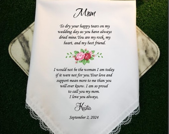 Mother of the Bride gift from Bride, Handkerchief wedding gift for parents from daughter, Red roses, Pink floral design, Lace Hanky,MM1052