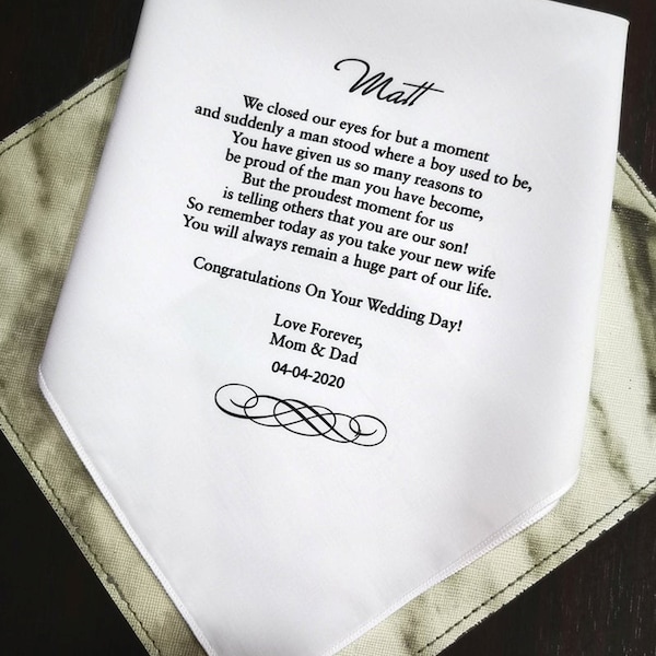 To Our Son Handkerchief From Groom Parents-Congratulations On Your Wedding Day!- Personalized Printed Wedding Hankerchief- MM1119