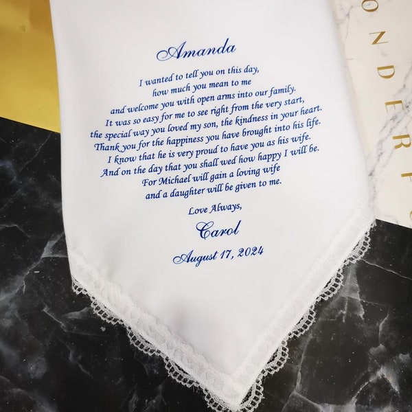 Daughter In Law Wedding Handkerchief Gift-Personalized Printed Hanky-My son will gain a loving wife  and a daughter will be given to me.1089