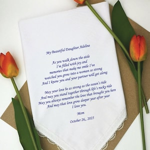 Regalo para mi hija, en el día de su boda, regalo de mamá, Pañuelo impreso personalizado, Carta para mi hija, Pañuelo con poema de boda, 1243
