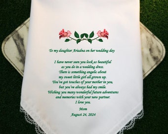 Daughters Handkerchief, gift from Mom, Wedding Quotes, Emerald green, roses motif, my sweet little girl all grown up, 1206