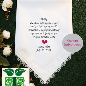 Gepersonaliseerd cadeau voor 18e verjaardag dochter, zakdoek met borduursel, herbruikbaar wasbaar 30 x 30 cm, cadeau van moeder, milieuvriendelijk - MM1414