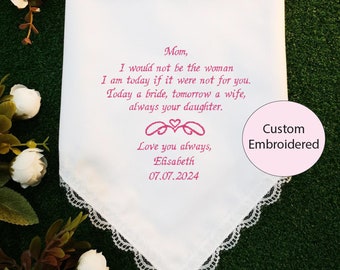 Mother of the bride gift, Embroidery handkerchief for Mom, Always your daughter, Wedding Ceremony, Pretty, Pink heart motif, Magenta, 1321