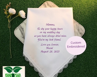 Personalized thank you Gift for Momma, Gift from Daughter, Embroidery Handkerchief, Reusable washable 30 x 30 cm, Lace, Eco friendly -MM1421