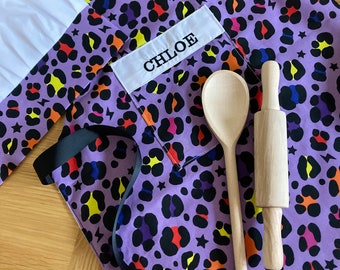 Personalised Kids Apron and Chef’s Hat Baking Set Purple Leopard Print