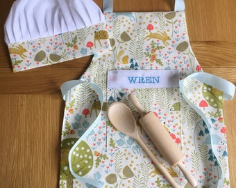 Personalised Kids Apron and Chef’s hat Children’s Baking Set Woodland Animals