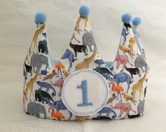 Verjaardagskroon met vrijheidsprint met verwisselbare leeftijdsbadges, Liberty Queue For The Zoo stoffen kroon, dierenverjaardagskroon, stoffen kroon