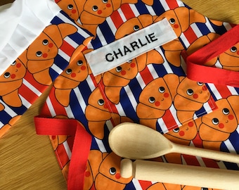 Personalised Apron and Chefs Hat Set, Kids Baking Set, Croissant Print