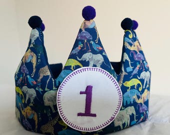 Liberty Print Birthday Crown With Interchangeable Age Badges, Liberty Queue For The Zoo Fabric Crown, Animal Birthday Crown, Fabric Crown