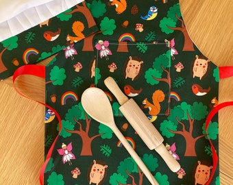 Personalised Kids Apron and Chef’s hat Baking Set Green Woodland Print