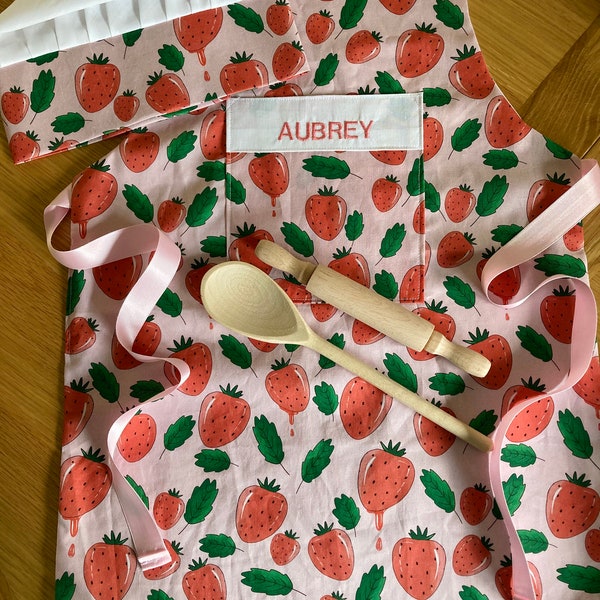 Personalised Kids Apron and Chef’s hat baking Set Strawberry Print With Utensils