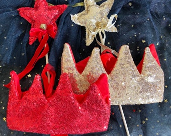 Sequin Crown & Wand Set, Gold Fabric Crown, Christmas hat, Gold crown, Christmas Reusable Party Hat, Sequin Wand, Christmas Wand