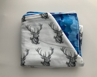 Blue Camo Deer Baby Blanket baby boy blanket camo Woodland Blanket Forest baby blanket Hunting Nursery Flannel Blanket hunting baby camo