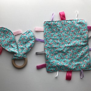 Blue Floral Baby Set Flannel Blanket Baby girl Gift Flowers baby shower gift floral baby shower Floral nursery decor Teething Ring Lovey