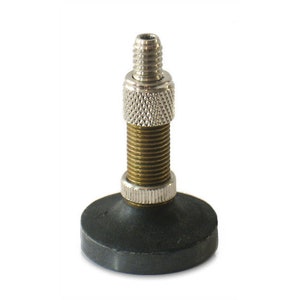 May include: A black rubber foot with a threaded metal stem and a silver nut. The foot is designed to be used as a leveling foot for furniture or equipment.