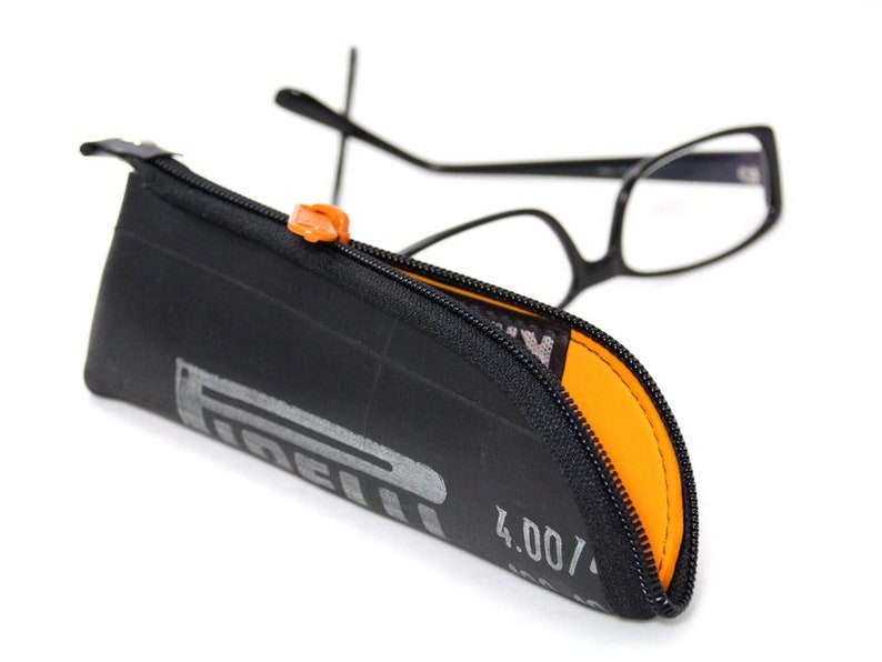 Reading glasses.Tube Upcycled glasses case made from motorcycle hose orange