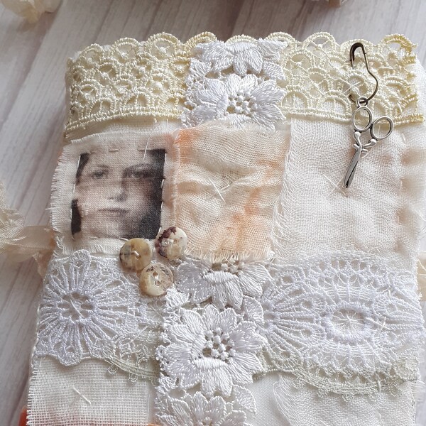 Hand sewn journal. Sewing journal. Slow stitched cover journal. Shabby vintage style journal.Junk journal.