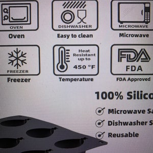 May include: A dark gray silicone baking mold with multiple oval-shaped cavities. The image includes icons indicating the mold is oven, microwave, and freezer safe, easy to clean, and heat resistant up to 450&deg;F. The text states it is 100% silicone.