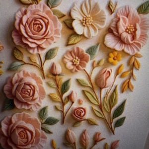 Puede incluir: Arreglo floral en relieve con rosas, capullos y otras flores en tonos rosa, melocotón y crema. Las hojas son verdes y amarillas. El diseño floral se presenta sobre un fondo blanco, creando un efecto texturizado.