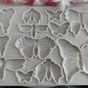 May include: A silicone mold with 10 different butterfly and dragonfly designs. The mold is gray and has a textured surface.