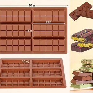 May include: Brown silicone chocolate mold with six rectangular sections, each designed for individual chocolate bars. The mold is 10 inches long, 4.5 inches wide, and 1.9 inches deep. A second mold is also shown.