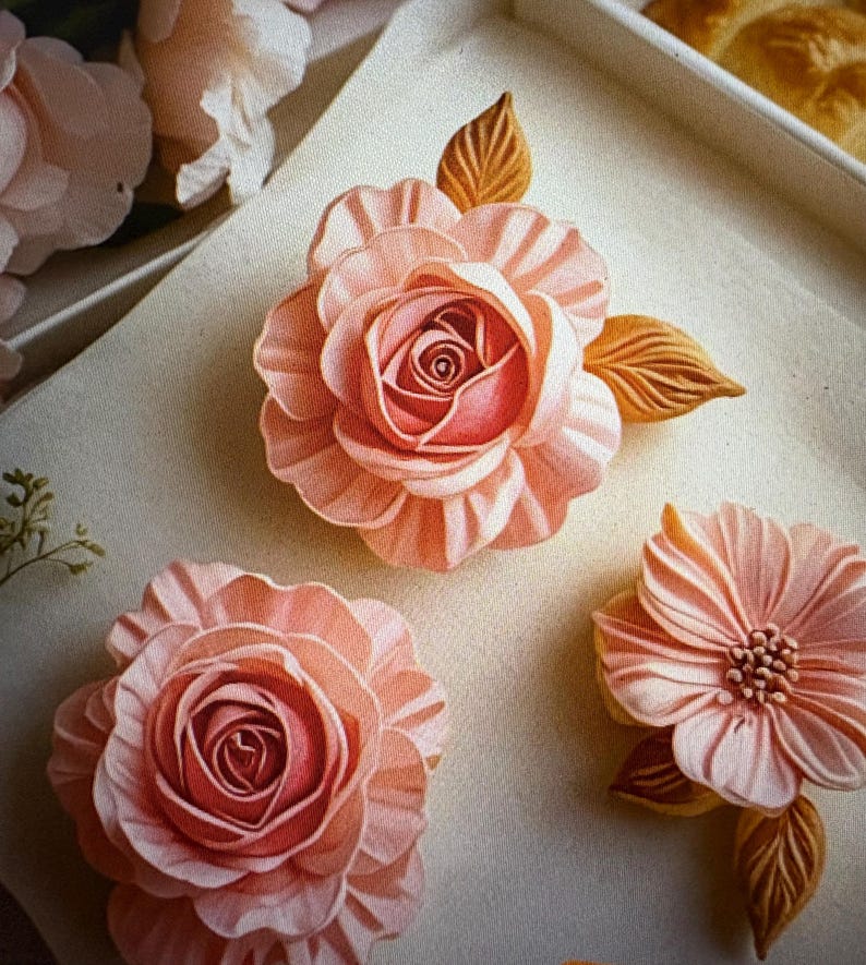 Peut inclure: Gros plan sur trois d&eacute;corations florales roses claires d&eacute;taill&eacute;es avec des centres roses plus fonc&eacute;s et des feuilles marron. Les fleurs sont dispos&eacute;es sur une surface de couleur claire, avec une esth&eacute;tique douce et artistique. Les fleurs sont probablement faites d'un mat&eacute;riau d&eacute;licat.