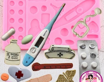 May include: Silicone mold for making fondant or gum paste medical themed decorations. The mold includes a thermometer, stethoscope, pills, a bottle of medicine, a bandage, a heart, a nurse's hat, and a medical symbol.