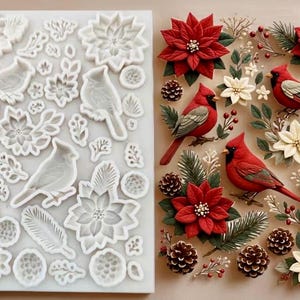 May include: A rectangular silicone mold featuring recessed shapes of cardinals, poinsettias, pinecones, and evergreen sprigs, displayed alongside a collection of finished decorative pieces in red, white, green, and brown that match the mold's designs.