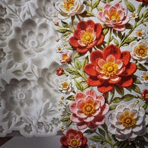 May include: A floral design featuring a mix of red, pink, and white flowers with yellow centers and green leaves. The design includes a 3D effect with detailed petals and a textured background of embossed flowers.