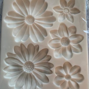 Puede incluir: Molde de silicona blanco con cinco formas de margaritas. El molde está diseñado para hornear y decorar pasteles y otros postres.