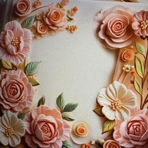 Peut inclure: Une surface carr&eacute;e blanc cass&eacute; orn&eacute;e d'un arrangement de roses roses sculpt&eacute;es, de petits boutons et de feuilles vertes. La composition florale encadre un espace central ouvert. Les roses ont des p&eacute;tales d&eacute;taill&eacute;s.