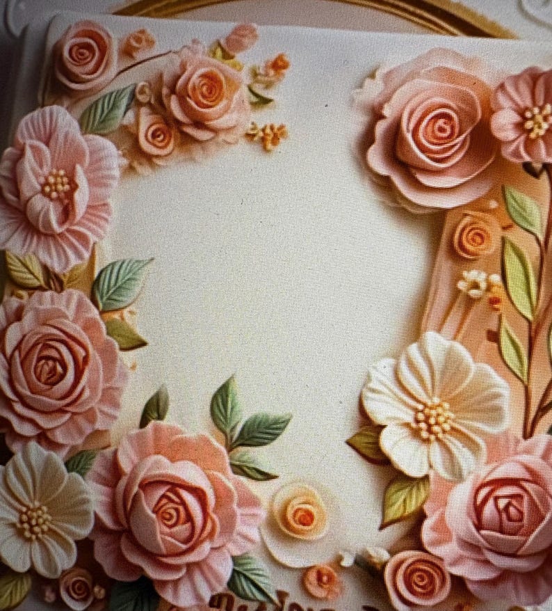 Peut inclure: Une surface carr&eacute;e blanc cass&eacute; orn&eacute;e d'un arrangement de roses roses sculpt&eacute;es, de petits boutons et de feuilles vertes. La composition florale encadre un espace central ouvert. Les roses ont des p&eacute;tales d&eacute;taill&eacute;s.