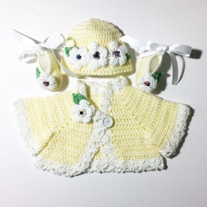 Handmade Crocheted Newborn Baby Girl Set: Yellow Sweater, Hat & Shoes