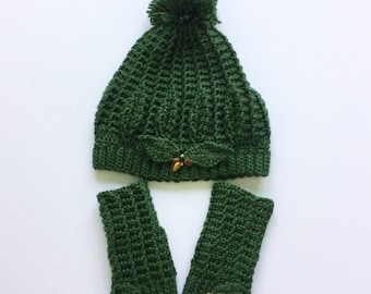 Handmade, Women’s Deep Sage Green Leaf Hat and Fingerless Gloves