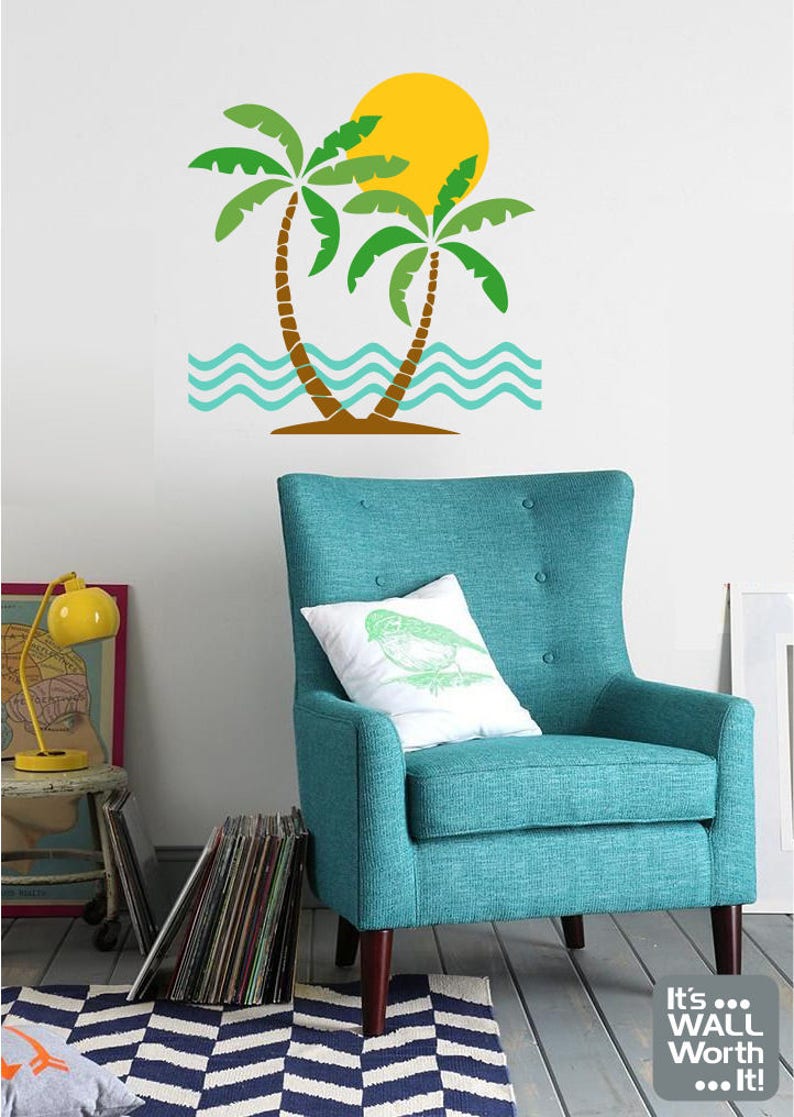 Palm Tree With Sun Vinyl Wall Decal Tropical Room Wall Decal Etsy