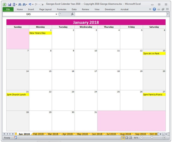 2018 calendar year printable excel template 2018 monthly etsy excel monthly planner