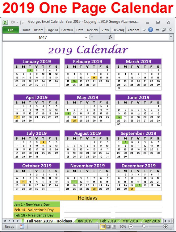 printable 2019 calendar excel templates 2019 one page full etsy 2019 monthly calendar excel