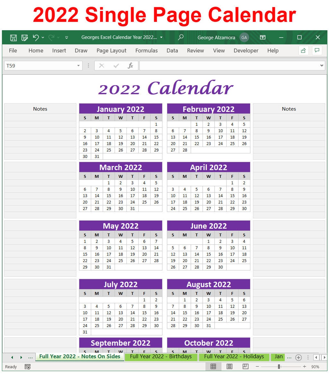 2022 Calendar Year Printable Planner Excel Templates 2022 Etsy