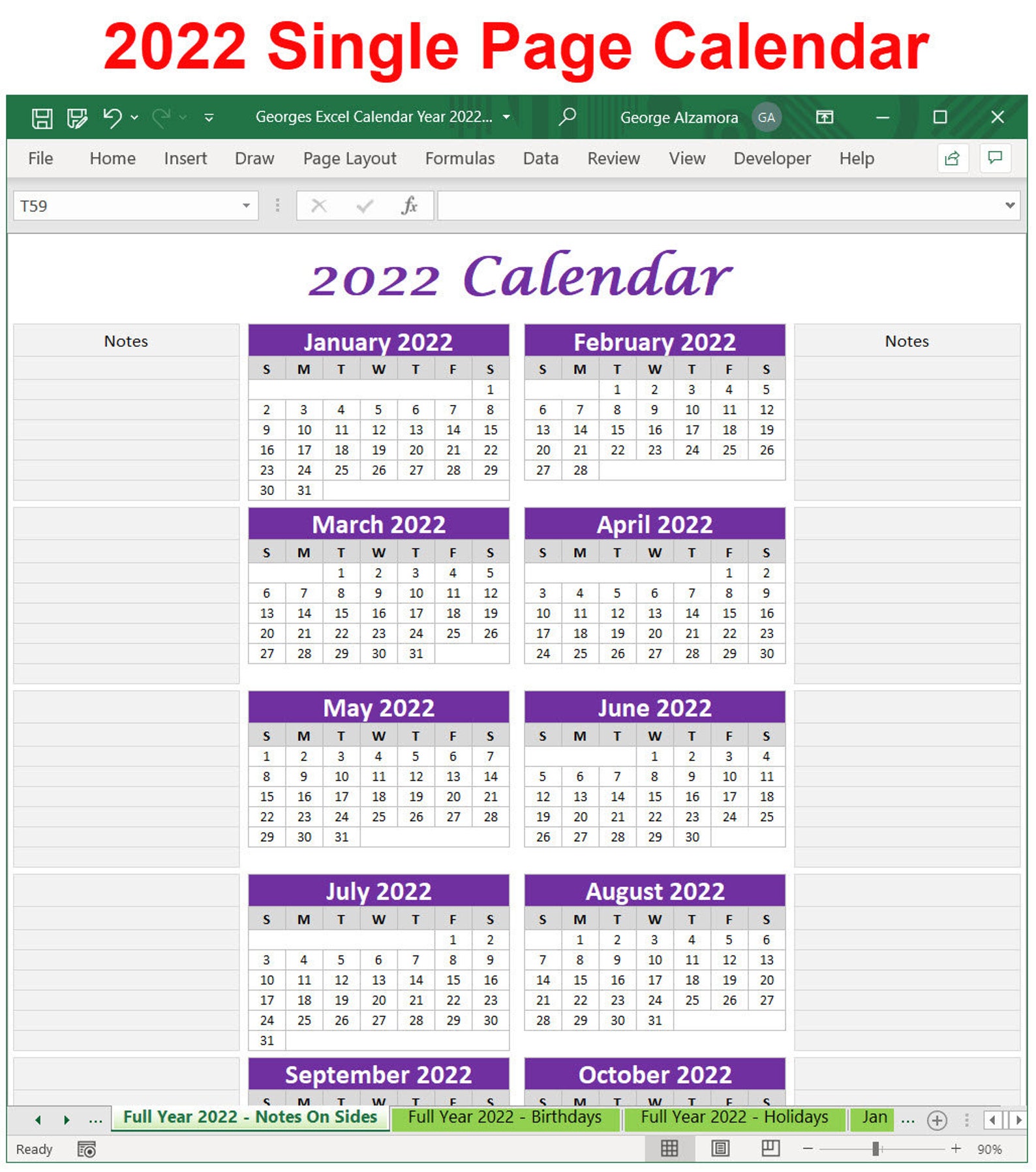 Calendário 2022 Excel