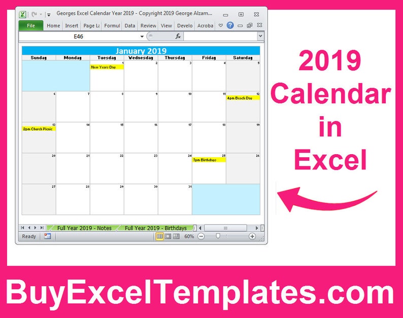 Printable 2019 Calendar Excel Templates 2019 One Page Full Etsy