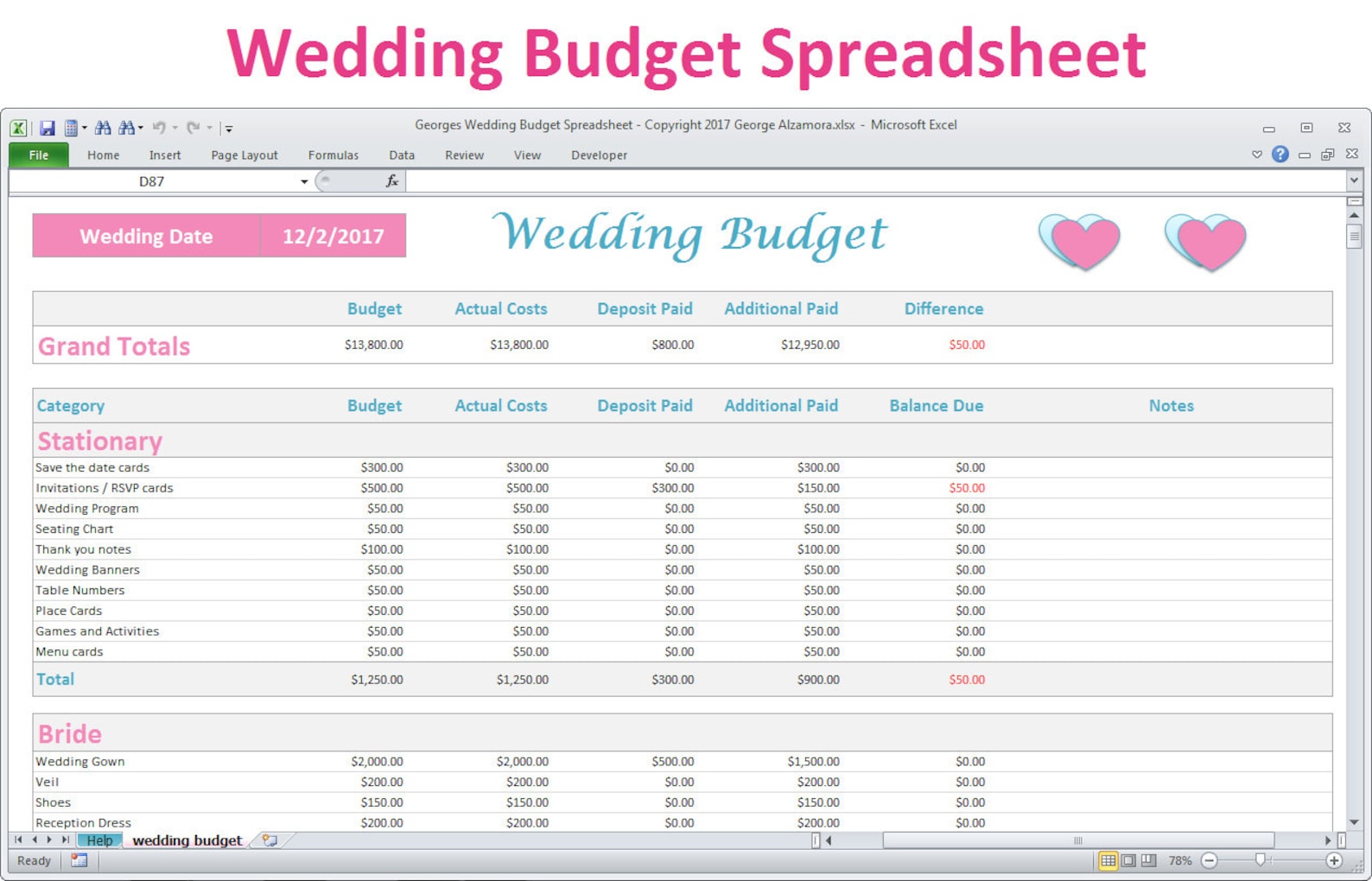 Wedding Budget Spreadsheet Planner Excel Wedding Budget | Etsy