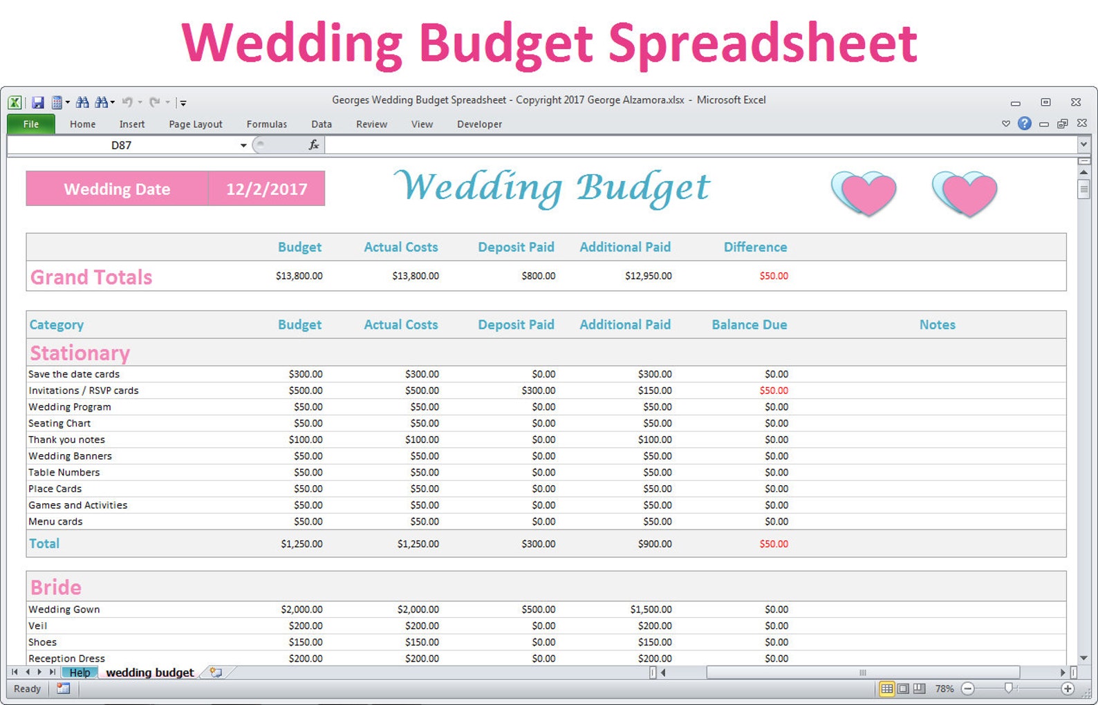 Wedding Budget Spreadsheet Planner Excel Wedding Budget | Etsy