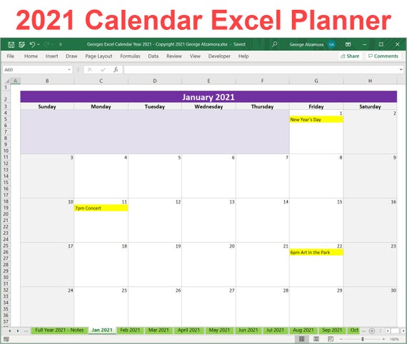 2021 Calendar Year Printable Planner Excel Template 2021 Etsy